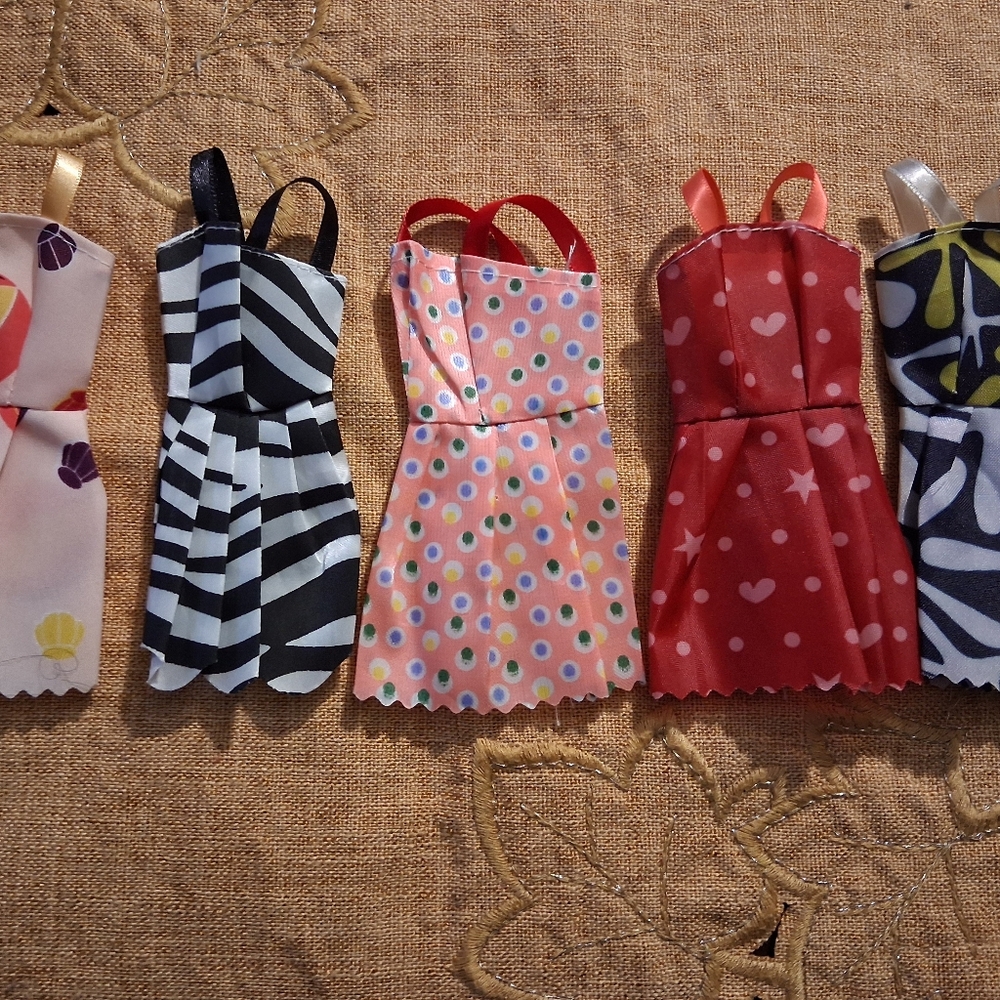 Set of Five Vuntage Handmade Barbie Dresses with Various Patterns